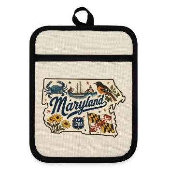 Maryland Vintage State Flag & Crab Sticker - Pot holders with rubber back - linen/black  - Front