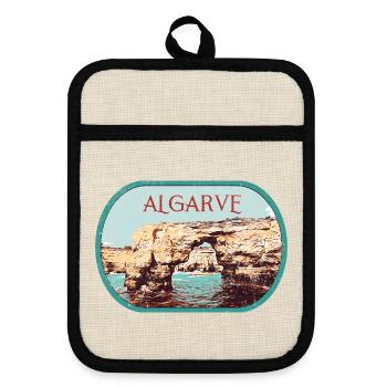 Badge retro, Algarve Portugal, plage été soleil - Maniques avec dos en caoutchouc - lin/noir  - Devant