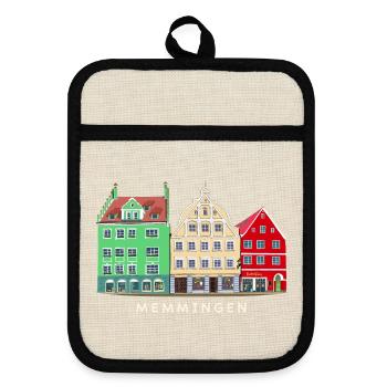 Memmingen, Bayern, Süddeutschland, Handzeichnung - Topflappen mit Gummirückseite - Leinen/Schwarz  - Vorne