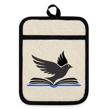 Bird flies out of book - Pot holders with rubber back - linen/black  - Front