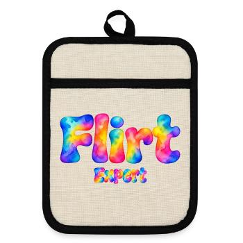 Flirt Expert – Bunter Aquarell Spruch mit Humor - Topflappen mit Gummirückseite - Leinen/Schwarz  - Vorne