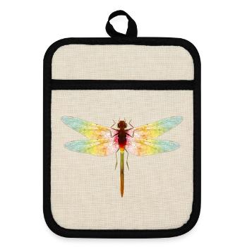 Iridescent Dragonfly – Filigree Insect Motif - Pot holders with rubber back - linen/black  - Front