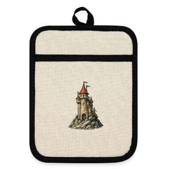 Burgturm am Felsen - Topflappen mit Gummirückseite - Leinen/Schwarz  - Vorne