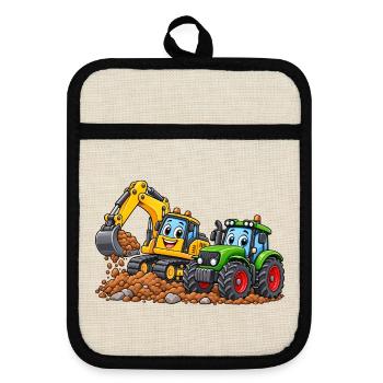 Fröhliches Baumaschinen-Duo - Topflappen mit Gummirückseite - Leinen/Schwarz  - Vorne