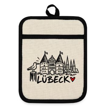 Lübeck mit Herz - Topflappen mit Gummirückseite - Leinen/Schwarz  - Vorne