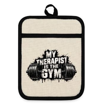 Mein Therapeut ist das Fitnessstudio - Topflappen mit Gummirückseite - Leinen/Schwarz  - Vorne