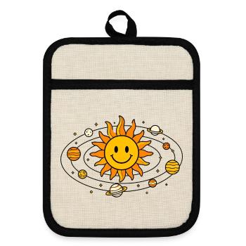 Sonne mit Gesicht und kleinen Planeten Shirt - Topflappen mit Gummirückseite - Leinen/Schwarz  - Vorne