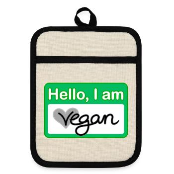 Hello, I am vegan Namensschild - Topflappen mit Gummirückseite - Leinen/Schwarz  - Vorne