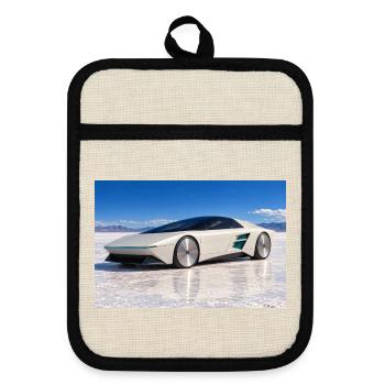 Weißer Retro-Concept-Car auf Salzsee - Topflappen mit Gummirückseite - Leinen/Schwarz  - Vorne