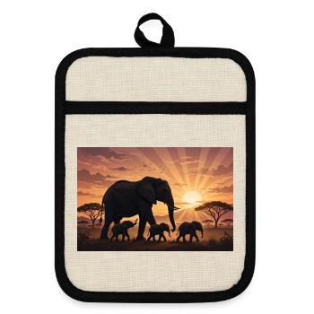 Elefanten-Morgendämmerungs-Silhouette - Topflappen mit Gummirückseite - Leinen/Schwarz  - Vorne