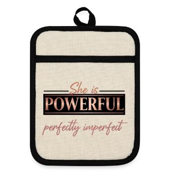 Powerful & Perfectly Imperfect – Rose Gold Design - Pot holders with rubber back - linen/black  - Front