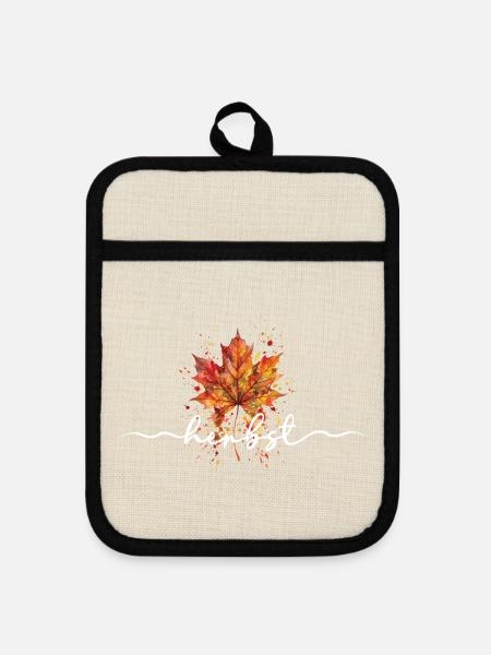Herbst | Herbstblatt Aquarell - Topflappen mit Gummirückseite - Leinen/Schwarz