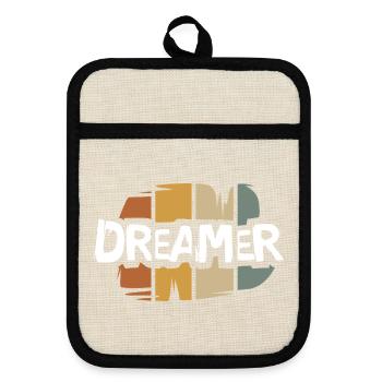 vintage Dreamer lettering - retro artist logo - Pot holders with rubber back - linen/black  - Front