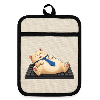 Bürokatze schläft auf der Tastatur - Topflappen mit Gummirückseite - Leinen/Schwarz  - Vorne