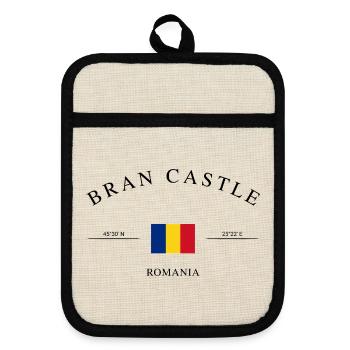Bran Castle Romania – Holiday Souvenir & Gift - Pot holders with rubber back - linen/black  - Front