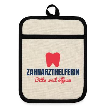 Zahnarzthelferin – Bitte weit öffnen - Topflappen mit Gummirückseite - Leinen/Schwarz  - Vorne