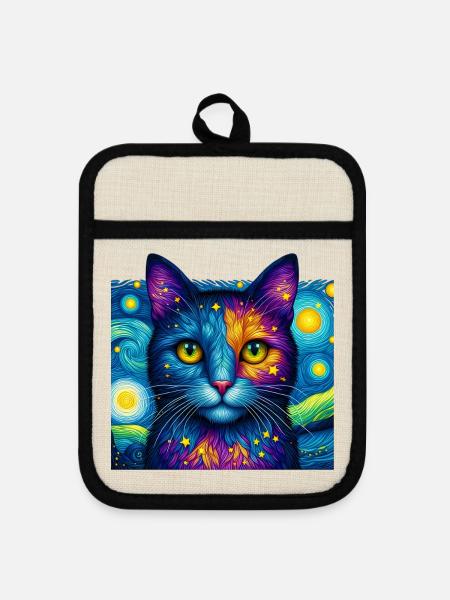 Katze - Topflappen mit Gummirückseite - Leinen/Schwarz 