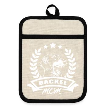 "Dachshund Mom" design with banner and wreath of wheat - Pot holders with rubber back - linen/black  - Front