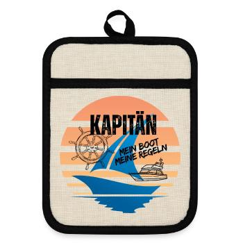 Seefahrer Motiv mit Kompass und Segelboot - Topflappen mit Gummirückseite - Leinen/Schwarz  - Vorne