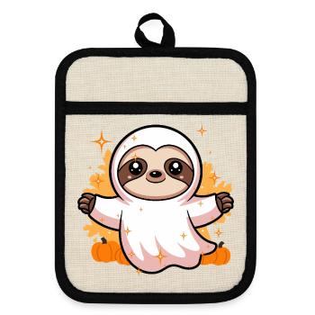 Cute Sloth Ghost Costume with Pumpkins - Pot holders with rubber back - linen/black  - Front