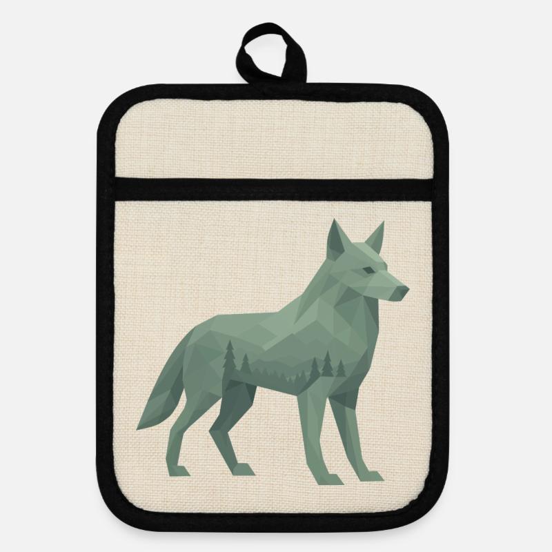 Geometric Wolf - Pot holders with rubber back - linen/black 
