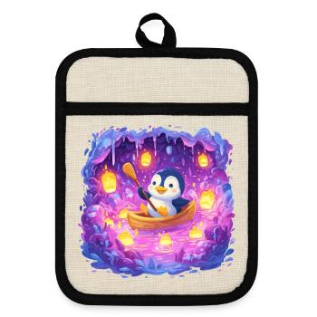 Leuchtender Pinguin im Höhlenboot - Topflappen mit Gummirückseite - Leinen/Schwarz  - Vorne