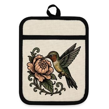 Hummingbird with Rose Vintage Tattoo - Pot holders with rubber back - linen/black  - Front