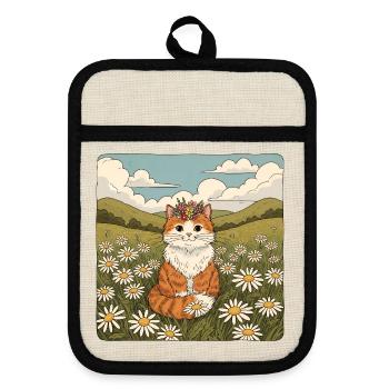 Cottagecore Orange Cat Daisy Flower Crown - Pot holders with rubber back - linen/black  - Front
