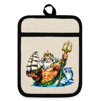 Neptun mit Seegelschiff - Topflappen mit Gummirückseite - Leinen/Schwarz  - Vorne