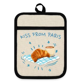 Ein Kuss aus Paris, Frankreich mit Croissant - Topflappen mit Gummirückseite - Leinen/Schwarz  - Vorne