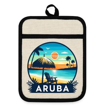 Aruba Karibik Strand Sonnenuntergang - Topflappen mit Gummirückseite - Leinen/Schwarz  - Vorne