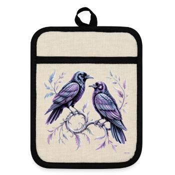 Black Ravens Schmiedeeisenzweig-Design. - Topflappen mit Gummirückseite - Leinen/Schwarz  - Vorne