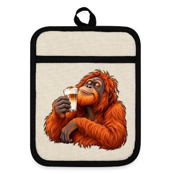 Orang-Utan mit Latte Macchiato – Kaffeepause - Topflappen mit Gummirückseite - Leinen/Schwarz  - Vorne