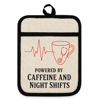 Kaffee und Nachtschichten - Topflappen mit Gummirückseite - Leinen/Schwarz  - Vorne