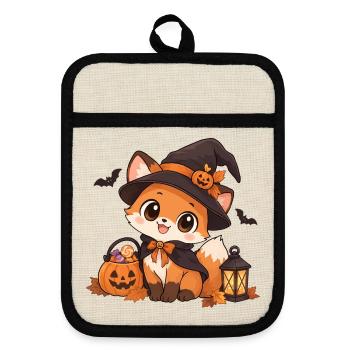Süßer Kawaii Fuchs als Hexe - Topflappen mit Gummirückseite - Leinen/Schwarz  - Vorne