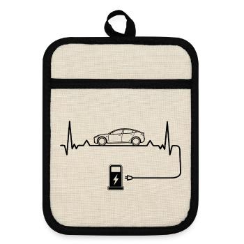 Electric car love with heartbeat Electric cars - Pot holders with rubber back - linen/black  - Front