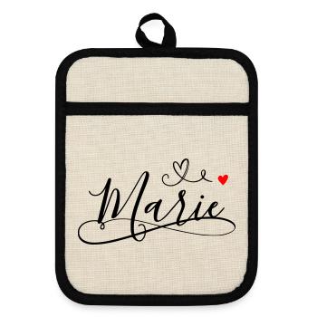 Marie surname first name with heart décor - Pot holders with rubber back - linen/black  - Front
