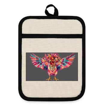 Huhn in den Farben - Topflappen mit Gummirückseite - Leinen/Schwarz  - Vorne