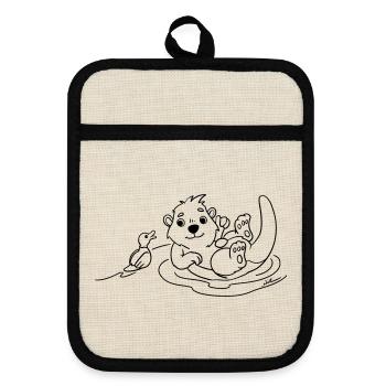 Otter with duck coloring motif - Pot holders with rubber back - linen/black  - Front