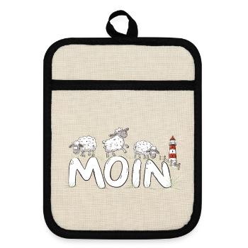 Moin Schafe Leuchtturm Nordsee Küstenhumor - Topflappen mit Gummirückseite - Leinen/Schwarz  - Vorne