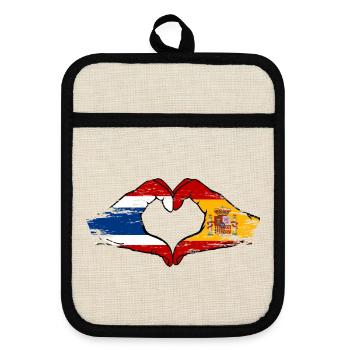 Thailand Spanien Flagge Hände Herzform used look - Topflappen mit Gummirückseite - Leinen/Schwarz  - Vorne