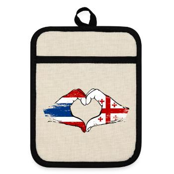 Thailand Georgien Flagge Hände Herzform used look - Topflappen mit Gummirückseite - Leinen/Schwarz  - Vorne