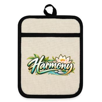 Harmony: Lotusfluss Zen-Muster - Topflappen mit Gummirückseite - Leinen/Schwarz  - Vorne