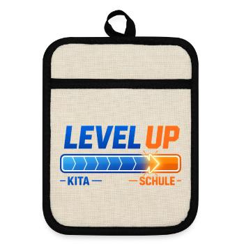 Level Up Kita Schule Einschulung Schulkind Spruch - Topflappen mit Gummirückseite - Leinen/Schwarz  - Vorne