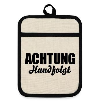 Achtung Hund folgt - Topflappen mit Gummirückseite - Leinen/Schwarz  - Vorne