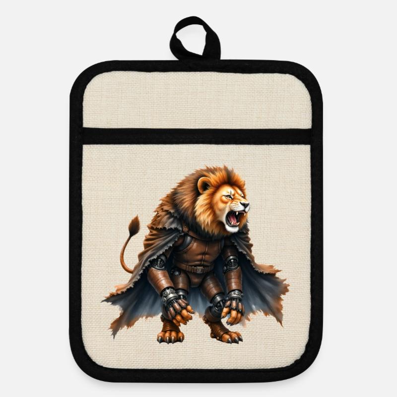 Lion Warrior with Armor and Cape - Pot holders with rubber back - linen/black