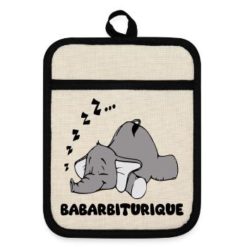Sleeping Elephant with the title babarbituric - Pot holders with rubber back - linen/black  - Front