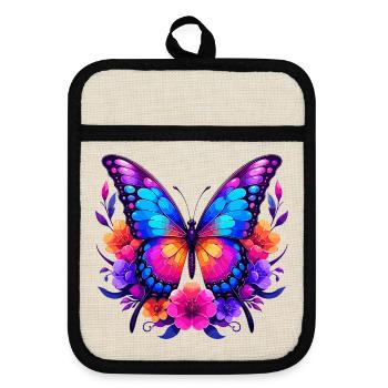 Rainbow Butterfly in Floral Wreath - Pot holders with rubber back - linen/black  - Front