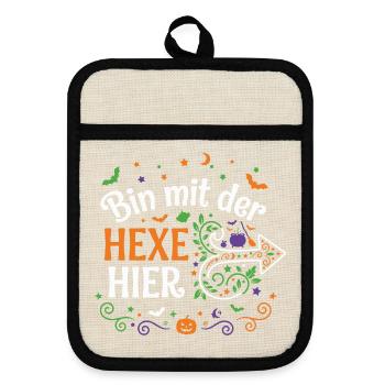 Trick or Treat | Bin Mit Der Hexe Hier | Halloween - Topflappen mit Gummirückseite - Leinen/Schwarz  - Vorne