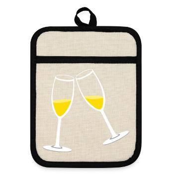 Anstoßen: Zwei Sekt Gläser - Topflappen mit Gummirückseite - Leinen/Schwarz  - Vorne